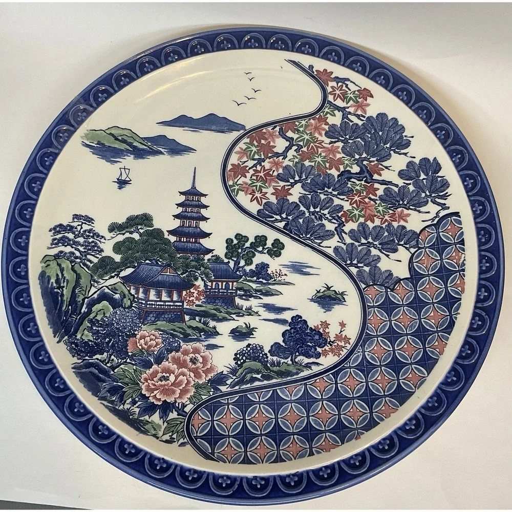 UCGC Japan Mid-Century ChinoiserieTransferware Pagoda Platter Oriental Garden 15